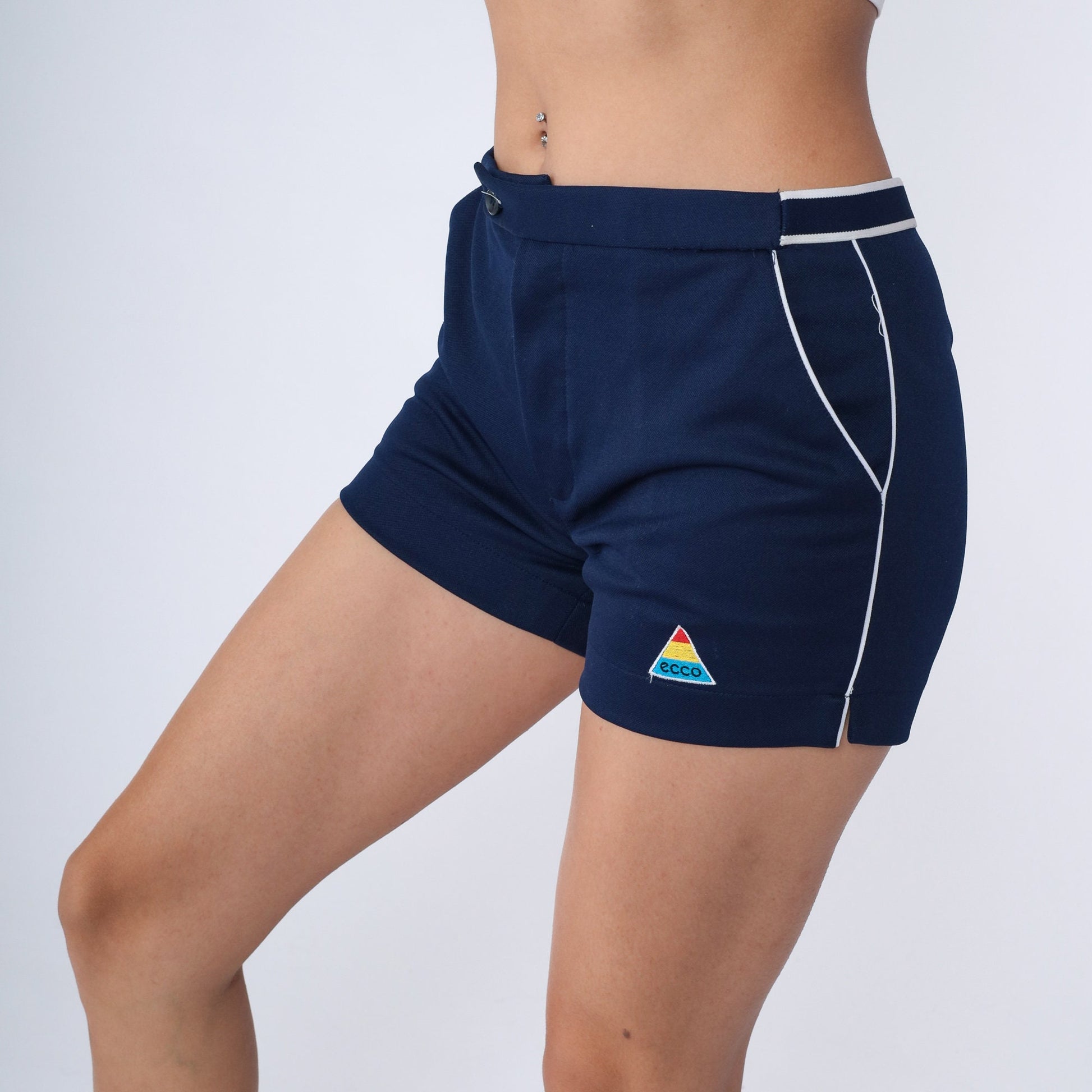 80s Ecco Navy Swim Trunks White Striped Bathing Suit Shorts Medium