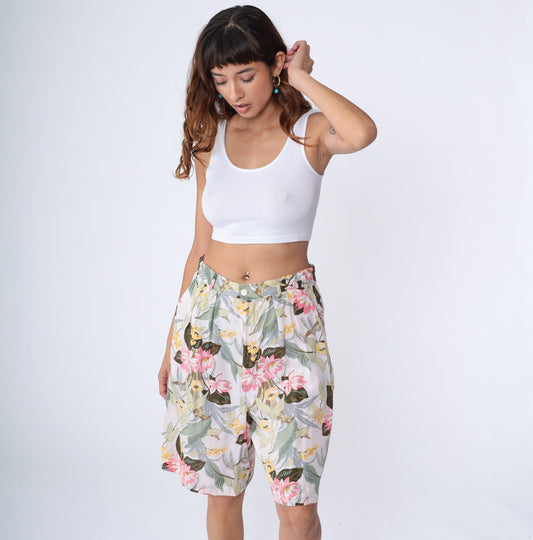 90s GAP Floral High-Waisted Shorts Tropical Print White Rayon Medium