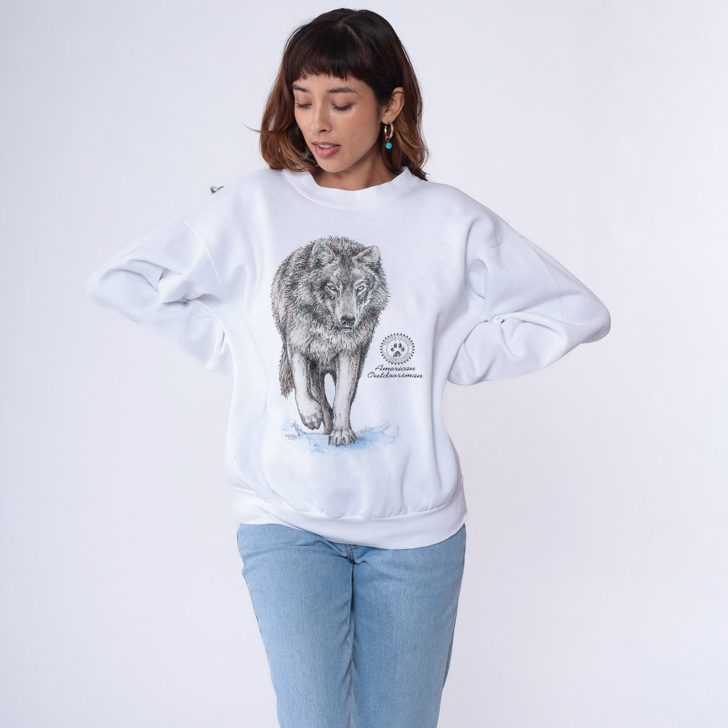 90s Wolf American Outdoorsman Graphic Sweatshirt White Crewneck Large