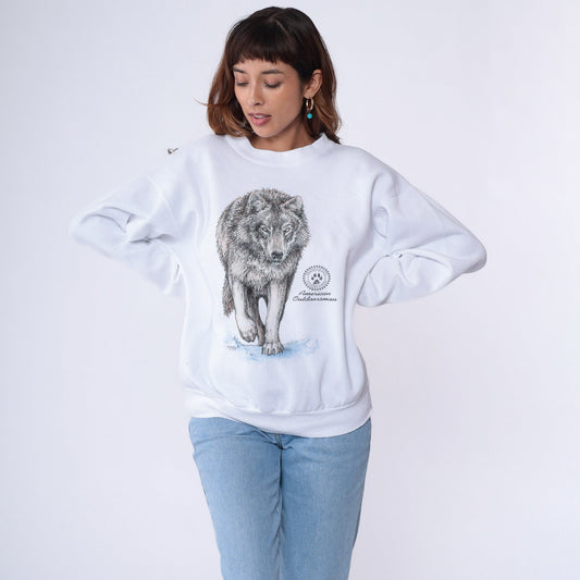 90s Wolf American Outdoorsman Graphic Sweatshirt White Crewneck Large