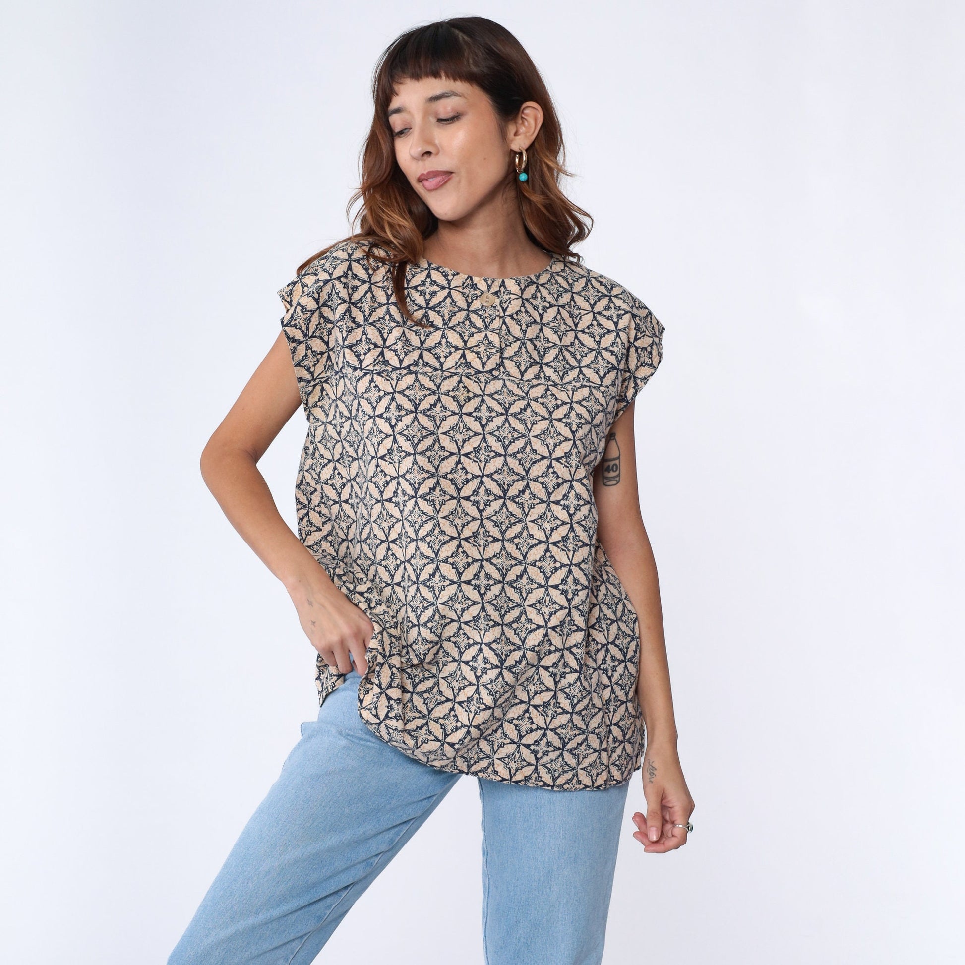90s Geometric Abstract Button Up Shirt Navy Tunic Top Medium Large