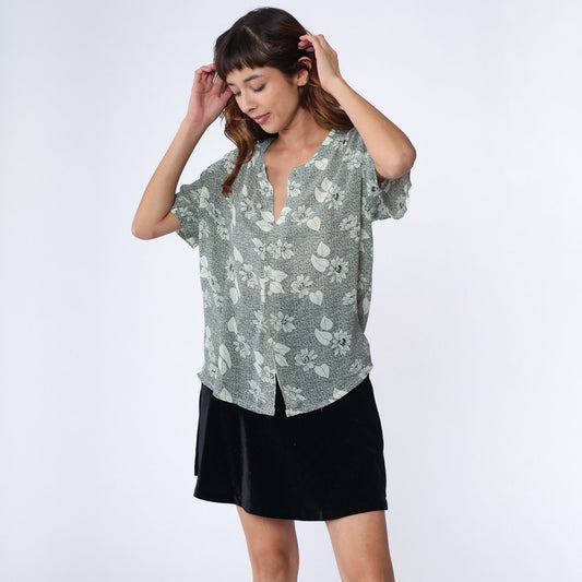 90s Floral Button-Up Blouse Black Yellow Flower Print Short Sleeve Medium
