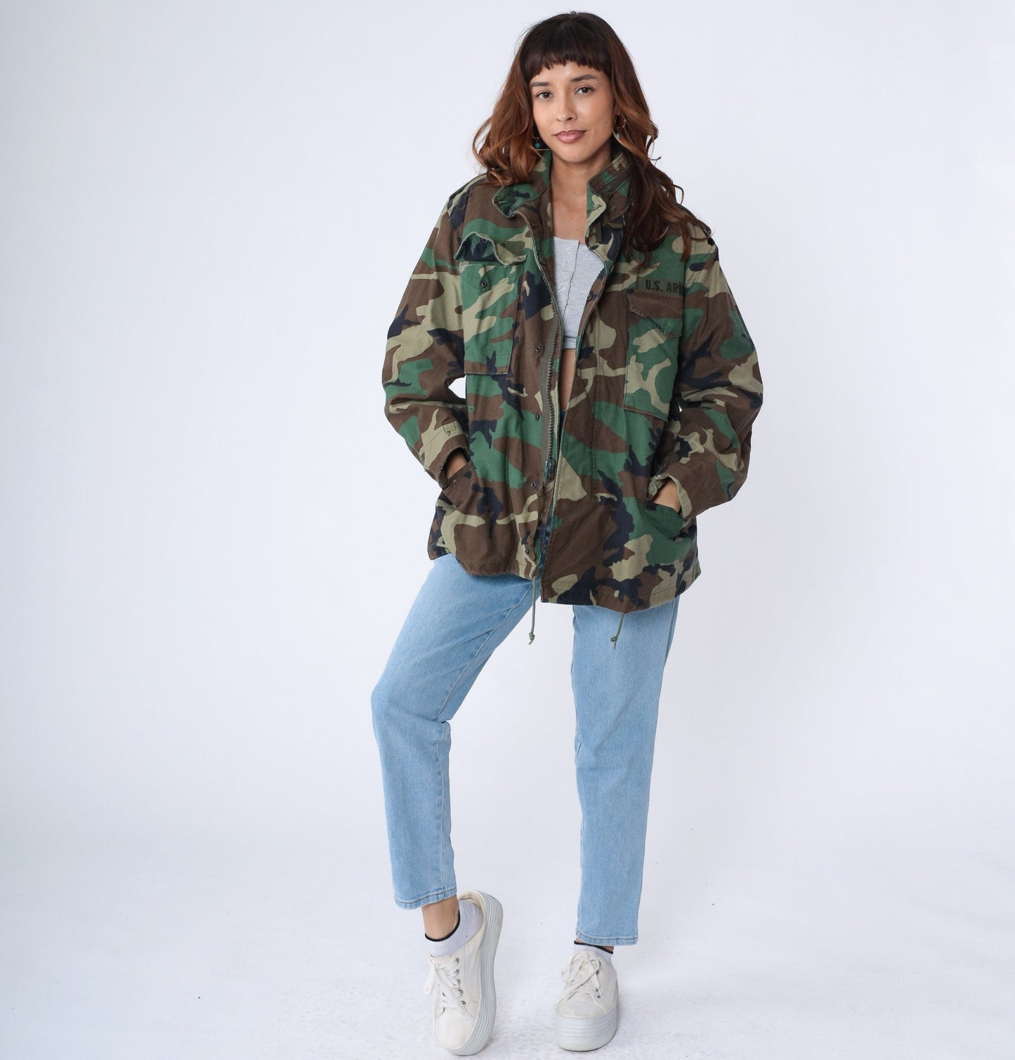 90s US Army Camouflage Field Jacket Utility Patch Zip Medium Short