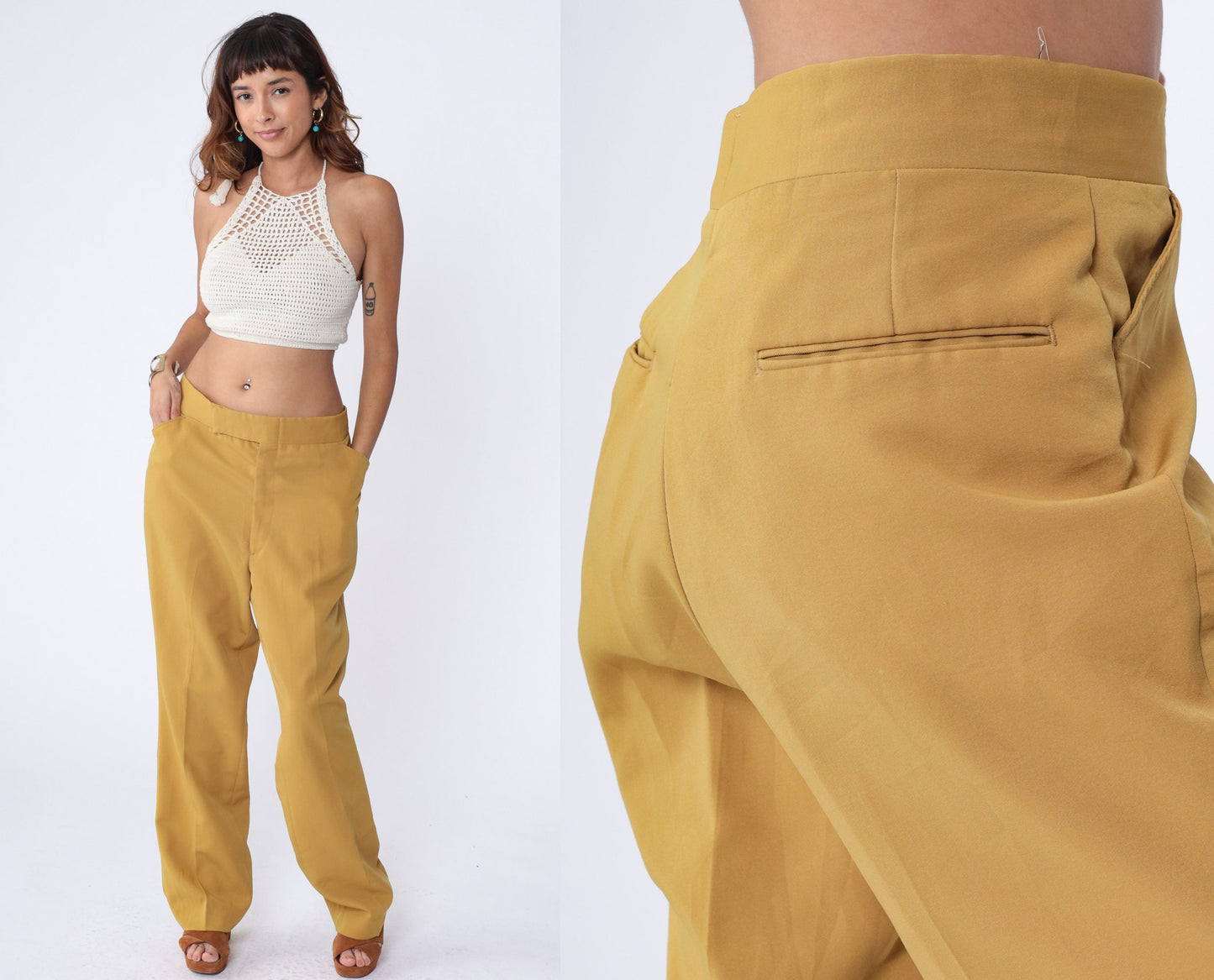 70s Mustard Yellow Straight Leg Trousers High Rise Men's 37 Large