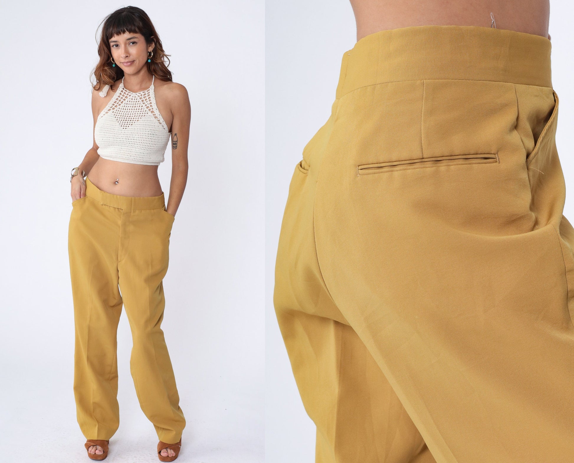 70s Mustard Yellow Straight Leg Trousers High Rise Men's 37 Large