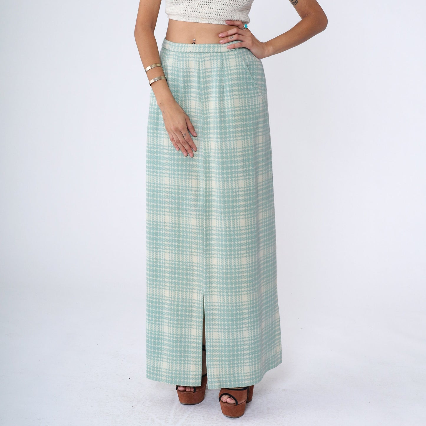 70s Mint Cream Plaid Maxi Skirt High Waisted Tartan Long Skirt Medium
