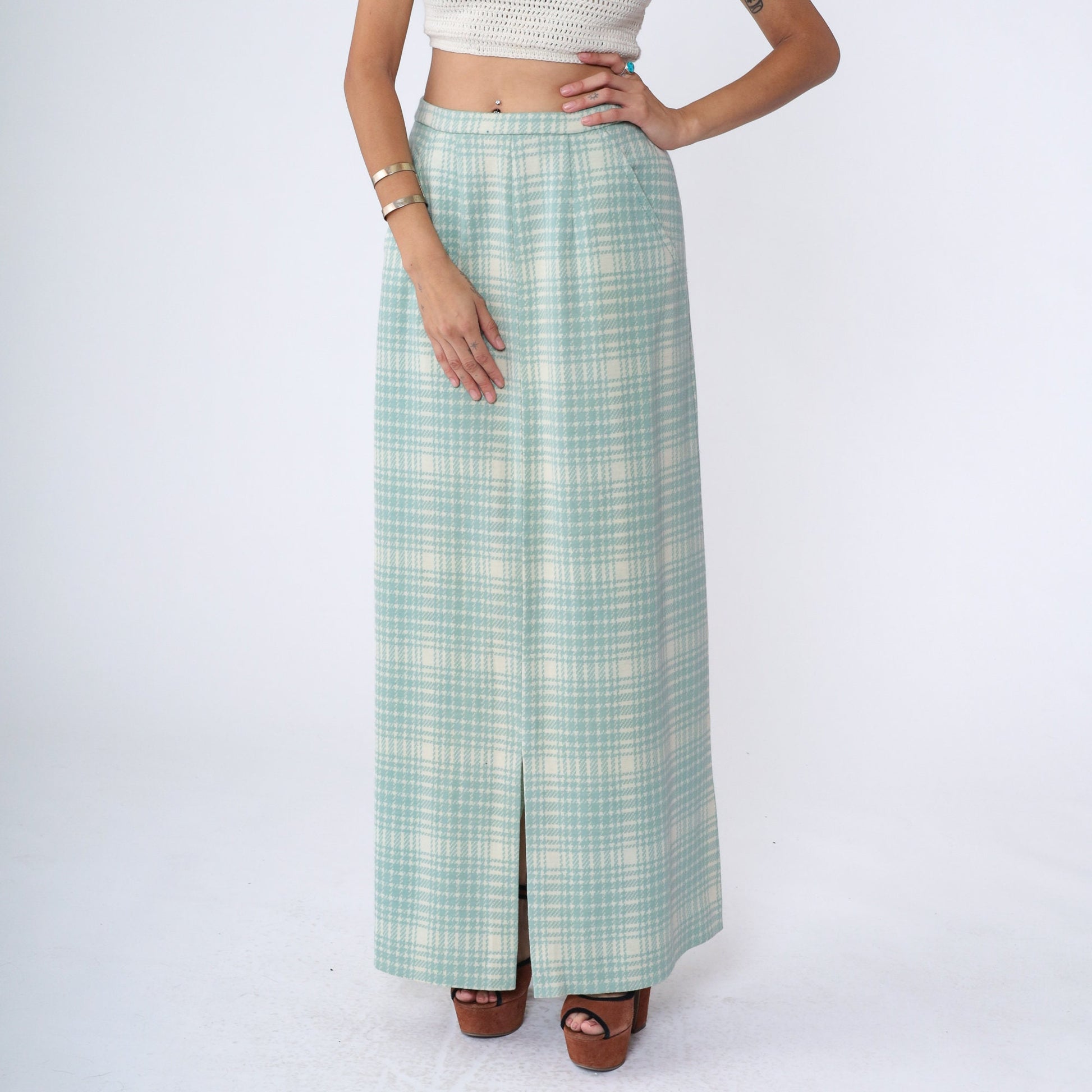 70s Mint Cream Plaid Maxi Skirt High Waisted Tartan Long Skirt Medium