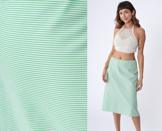 70s Striped Midi Skirt Green White High Waist Straight Polyester Large L