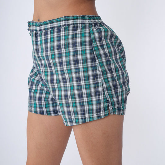 80s LL Bean Plaid Swim Shorts High Waisted Blue Green White Medium
