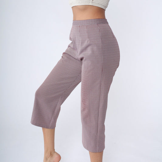 70s Houndstooth Capri Pants High Waist Red Brown White Checkered Medium