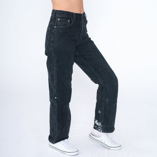 90s Black Denim Jeans Paint Splatter Mid Rise Straight Leg Small S