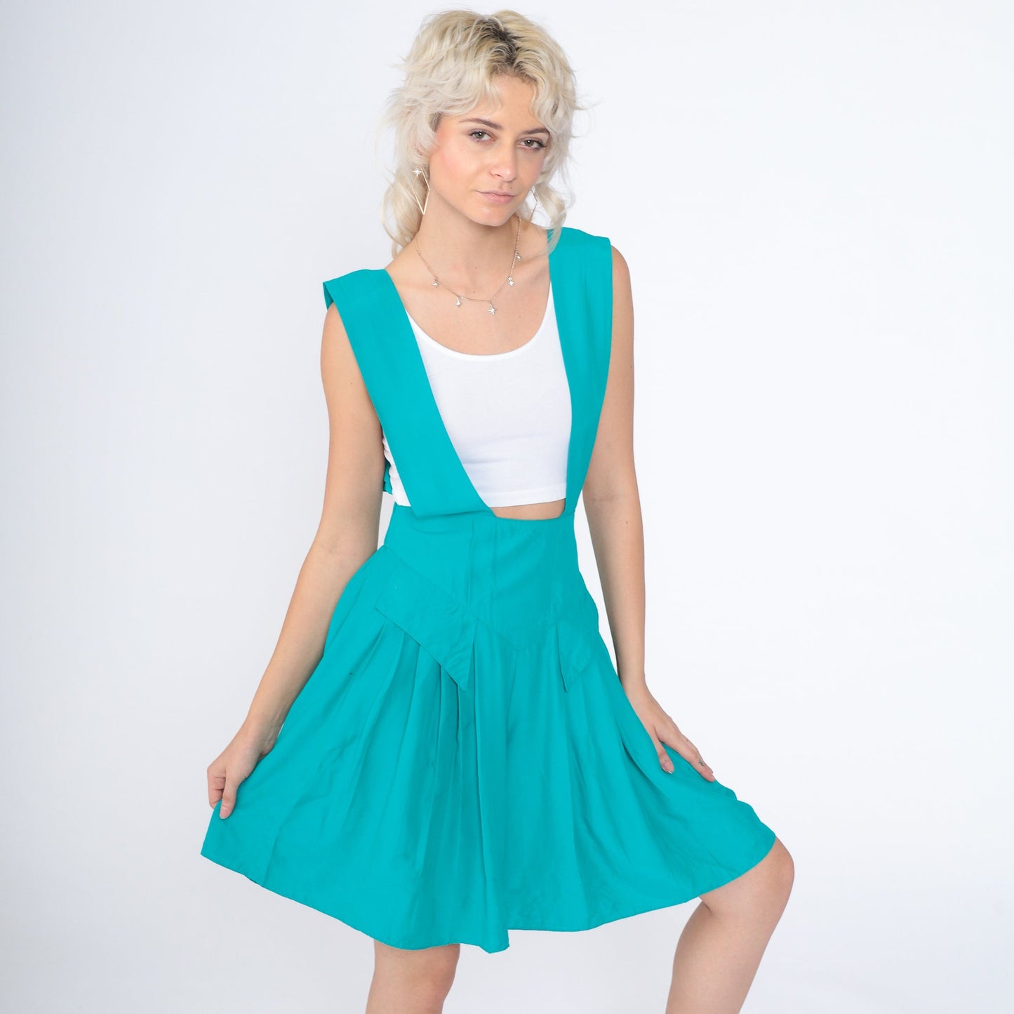 90s Turquoise Overall Shorts Pleated Suspender Straps Wide Leg Small S
