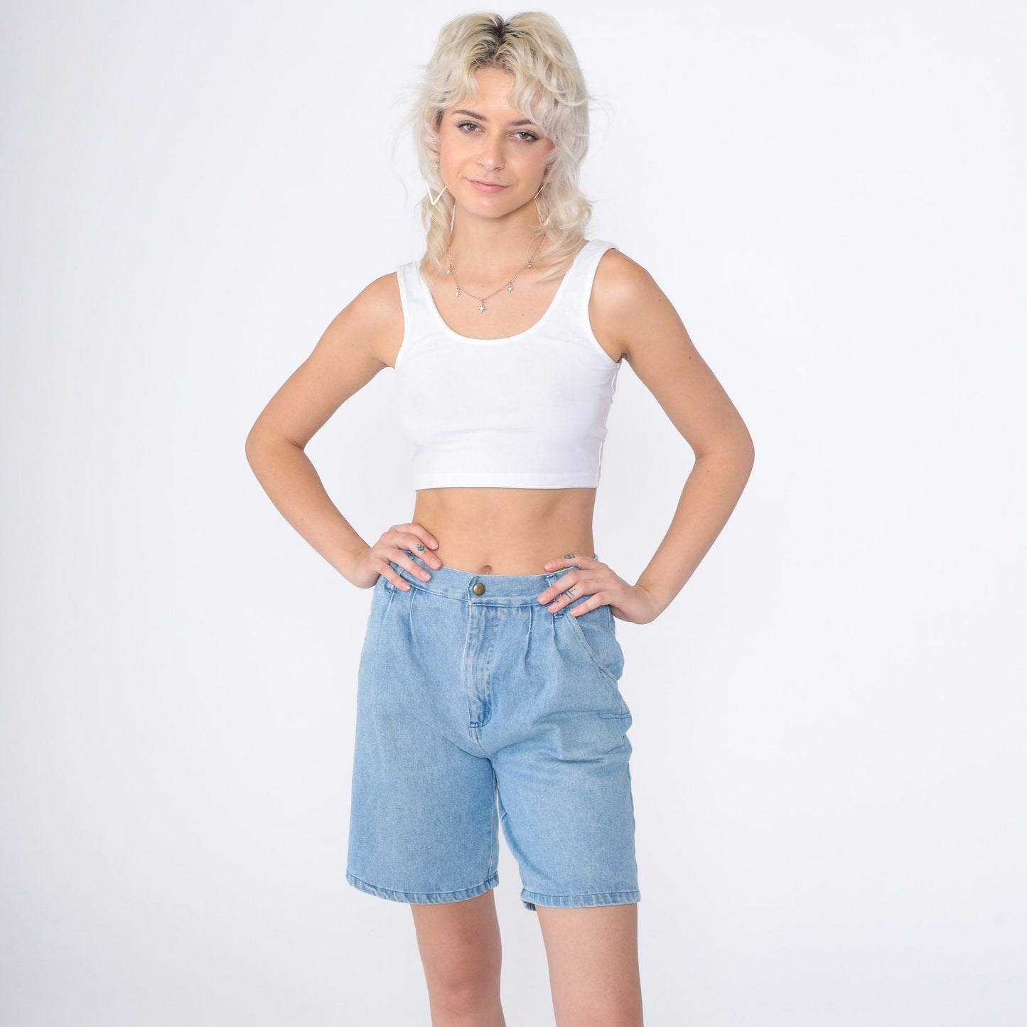 80s Apparatus Pleated Denim Shorts High Waist Knee Length Blue Small