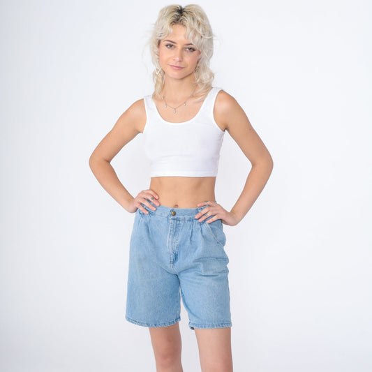 80s Apparatus Pleated Denim Shorts High Waist Knee Length Blue Small