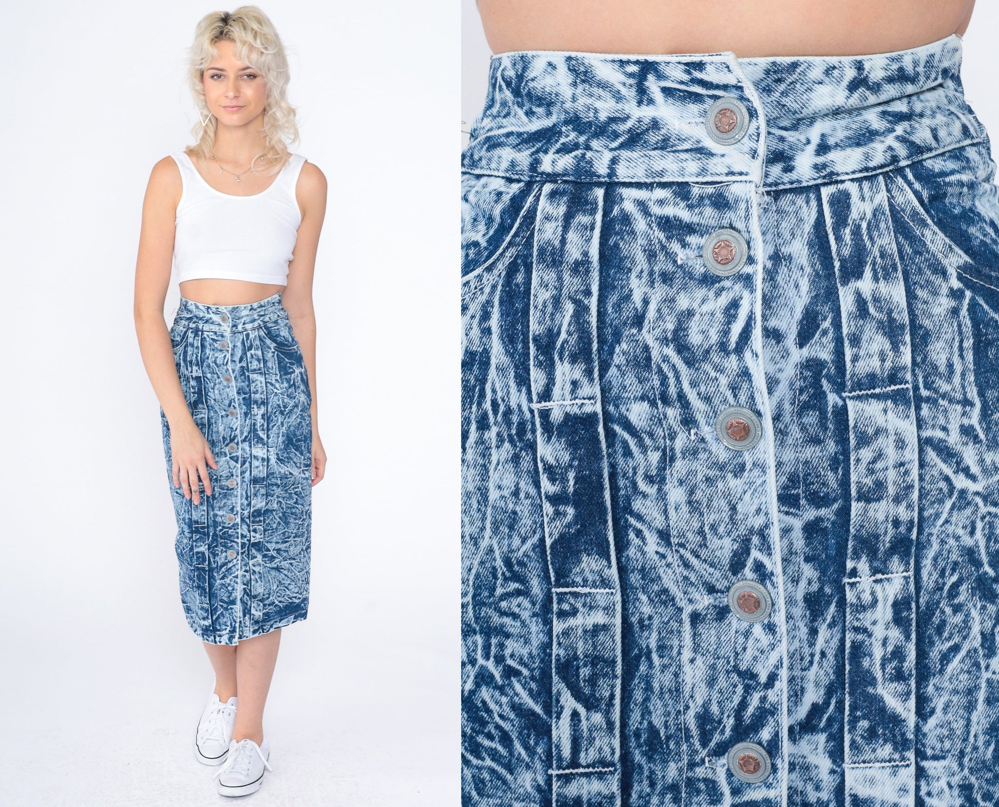 80s Acid Wash Denim Skirt High Waist Button Front Mini Blue XXS
