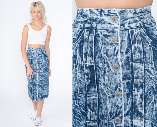 80s Acid Wash Denim Skirt High Waist Button Front Mini Blue XXS