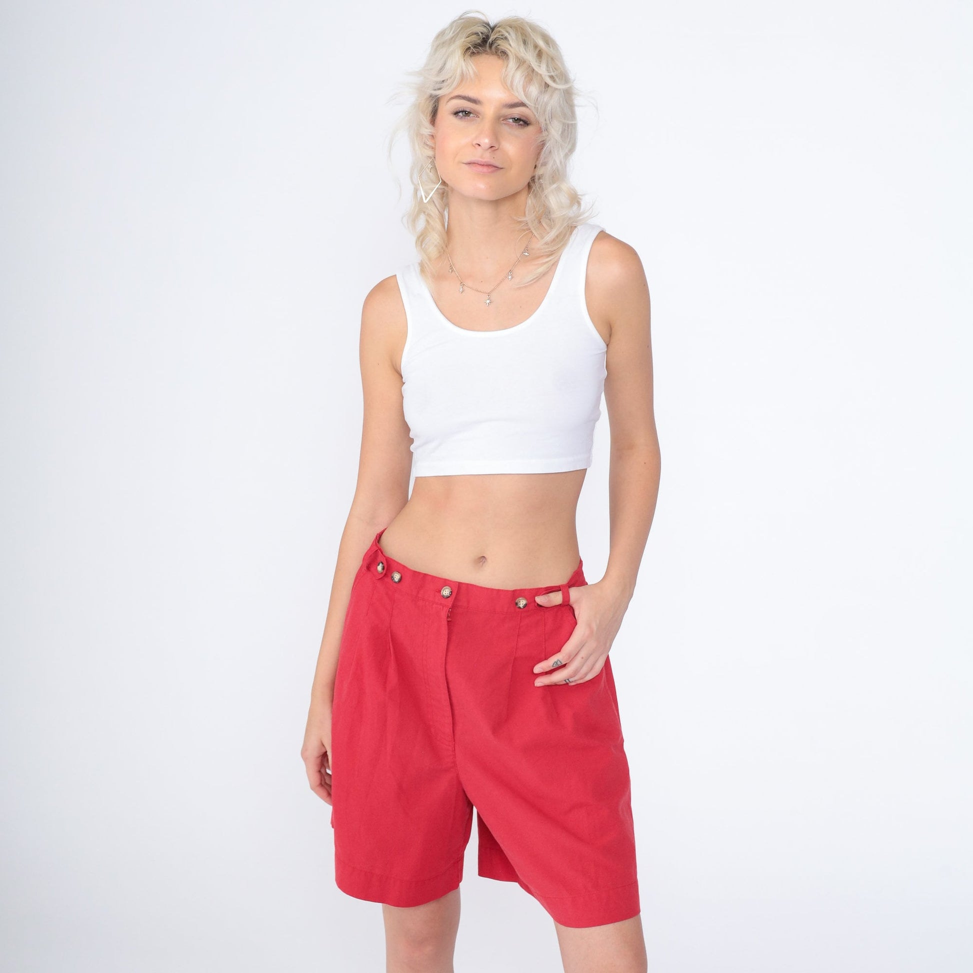 90s Red Pleated High-Waisted Shorts Wide Leg Trouser Karen Scott Medium