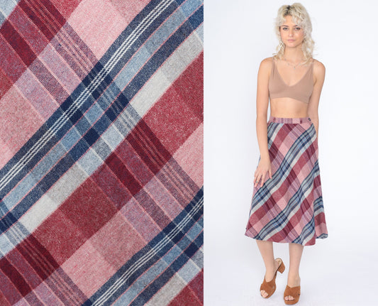 80s Plaid Midi Skirt High Waist A-Line Pink Red Blue Tartan Extra Small XS