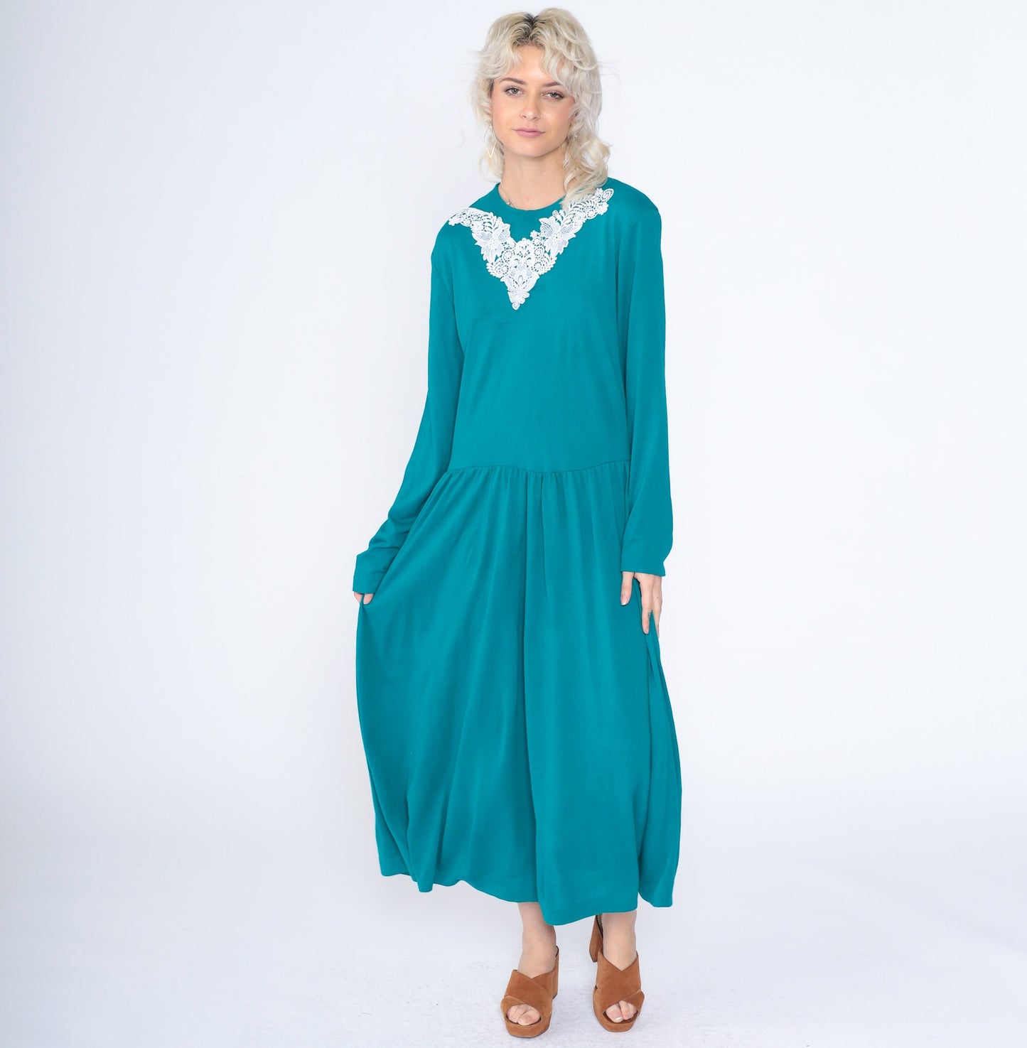 90s Teal Floral Lace Applique Maxi Dress Long Sleeve Low Waist Ankle Length Extra Large