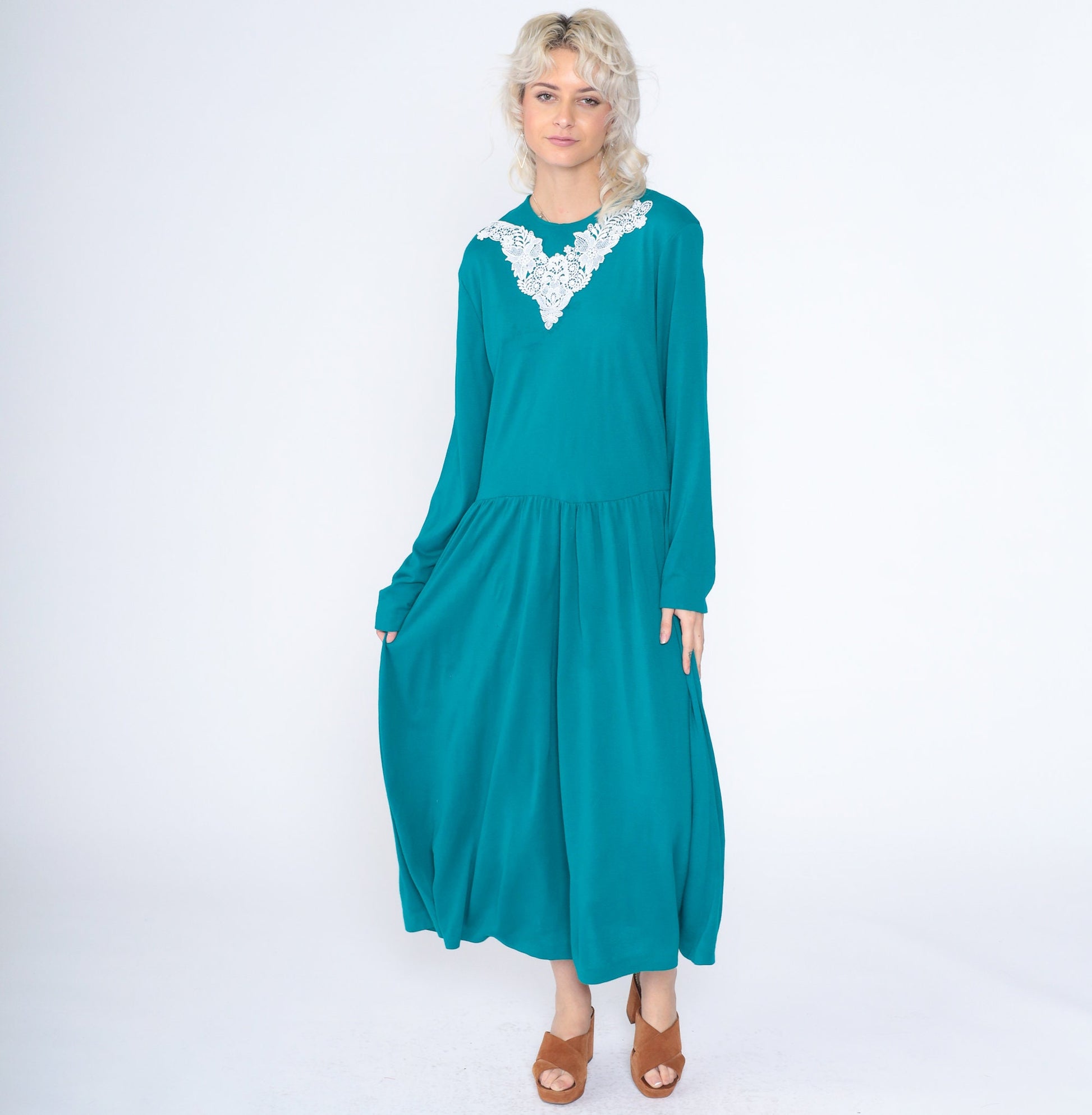 90s Teal Floral Lace Applique Maxi Dress Long Sleeve Low Waist Ankle Length Extra Large