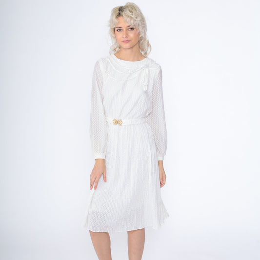 80s White Lace Midi Dress High Waisted Long Sleeve Gold Belt Small