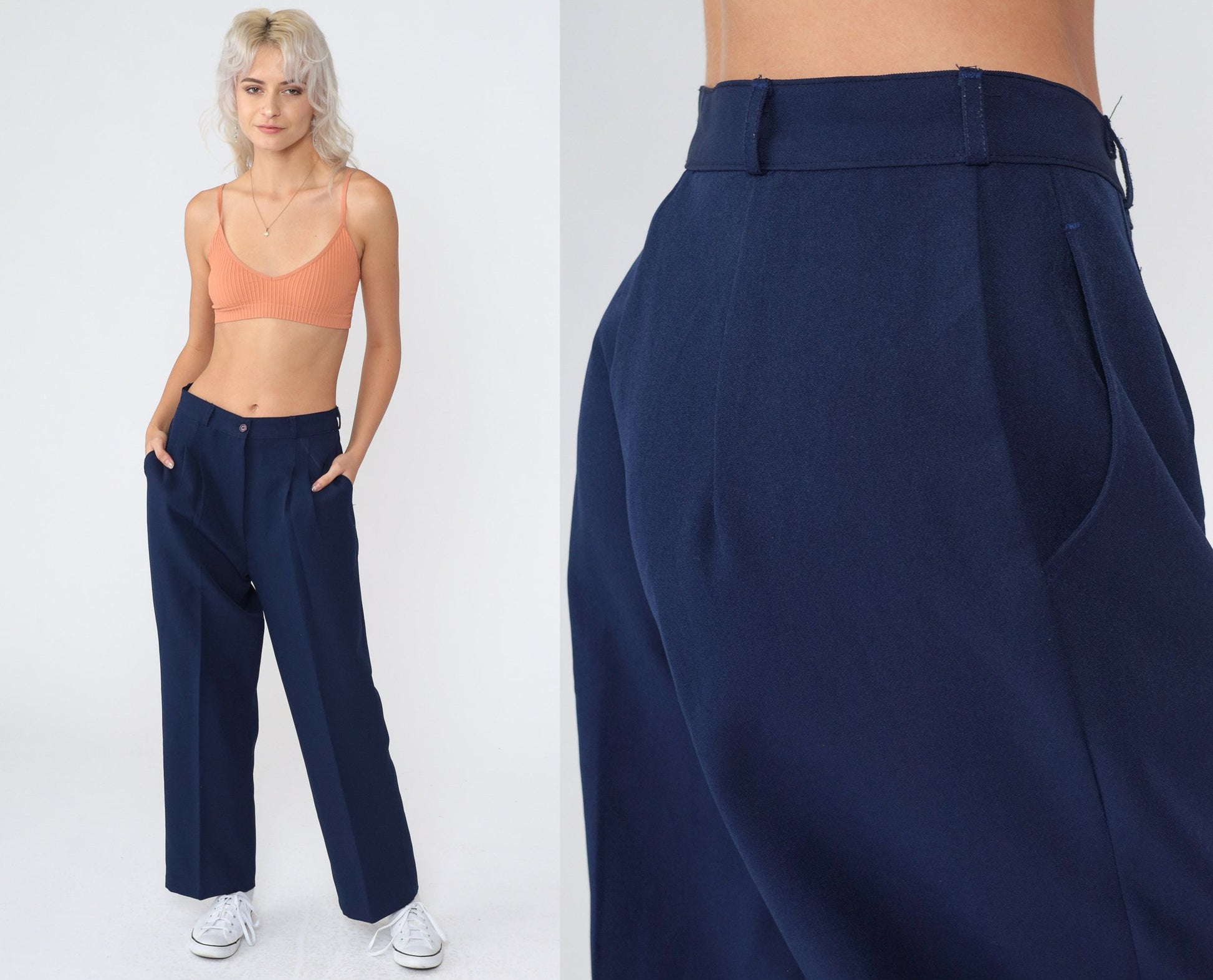 70s Navy Pleated High-Waist Tapered Trousers Small