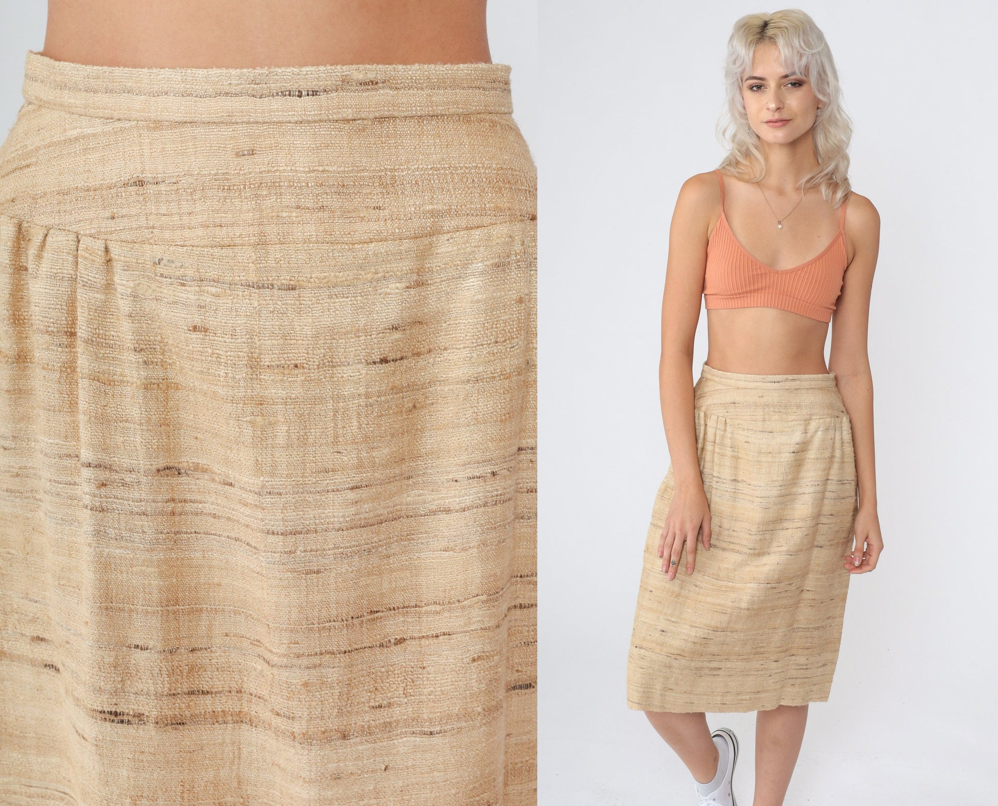 70s Tan Wool Blend Midi Pencil Skirt High Waist Extra Small