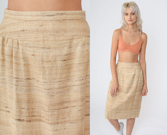 70s Tan Wool Blend Midi Pencil Skirt High Waist Extra Small