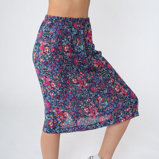 80s Floral Midi Pencil Skirt High Waisted Navy Pink Flower Print Small