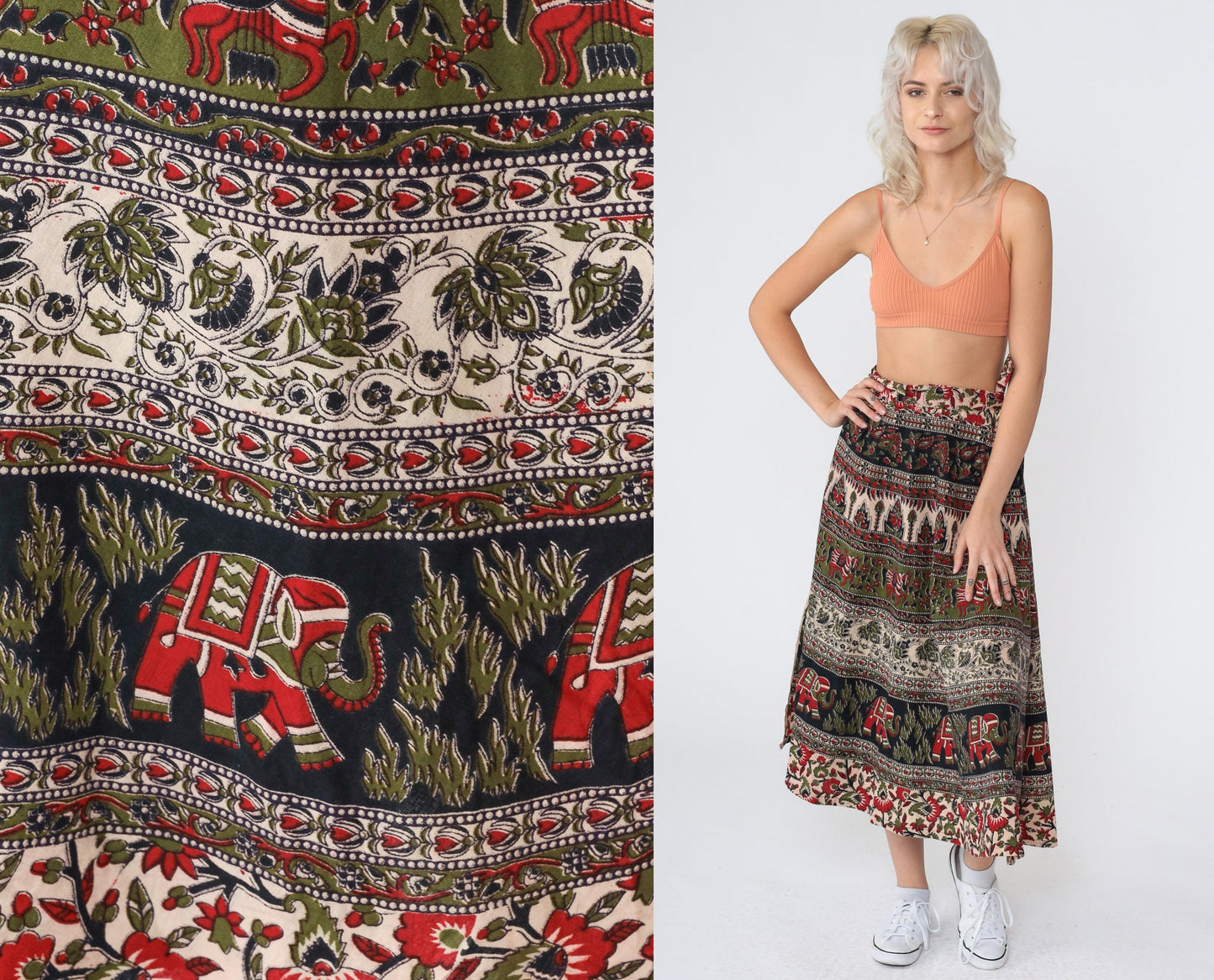 90s Indian Batik Wrap Midi Skirt Floral Elephant Horse Print