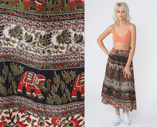 90s Indian Batik Wrap Midi Skirt Floral Elephant Horse Print