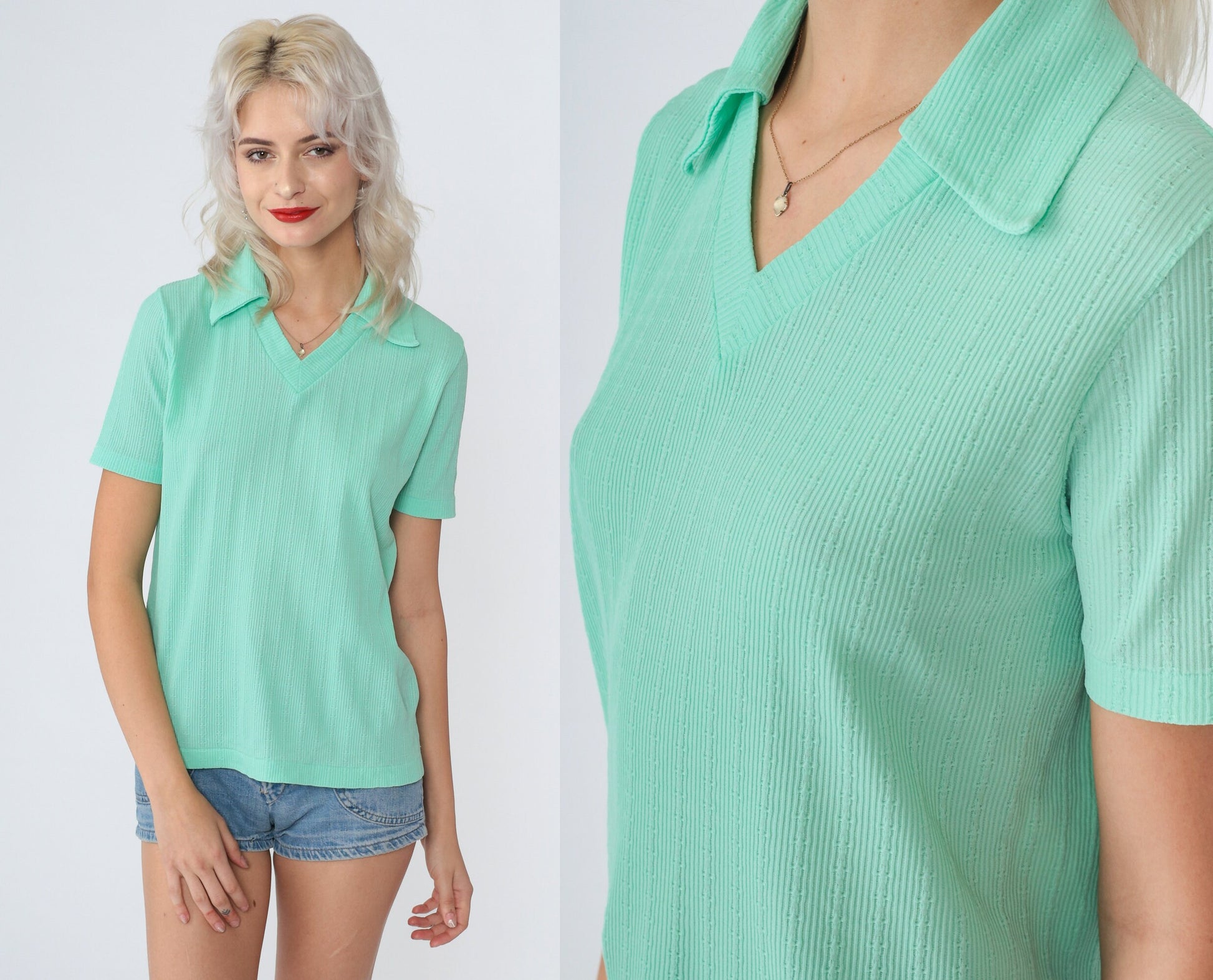 70s Mint Green Johnny Collar Polo Shirt V-Neck Short Sleeve Small S