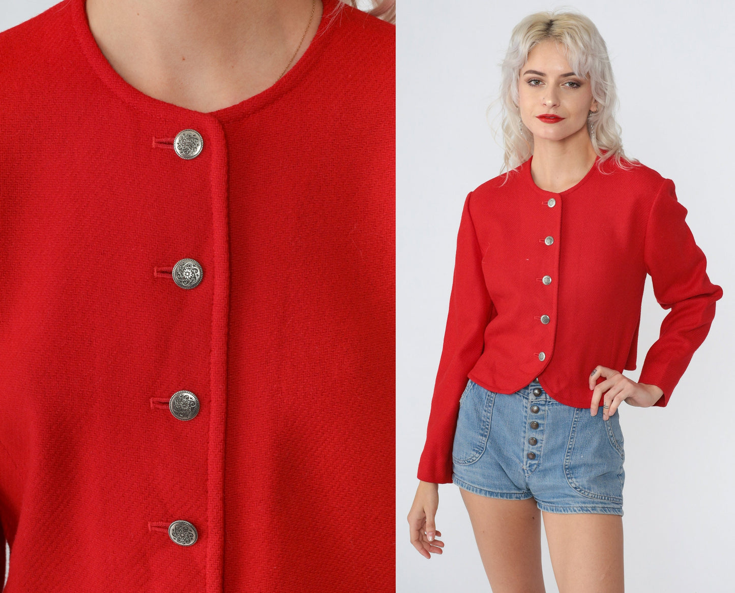 80s Pendleton Virgin Wool Blazer Red Cropped Button-Up Medium