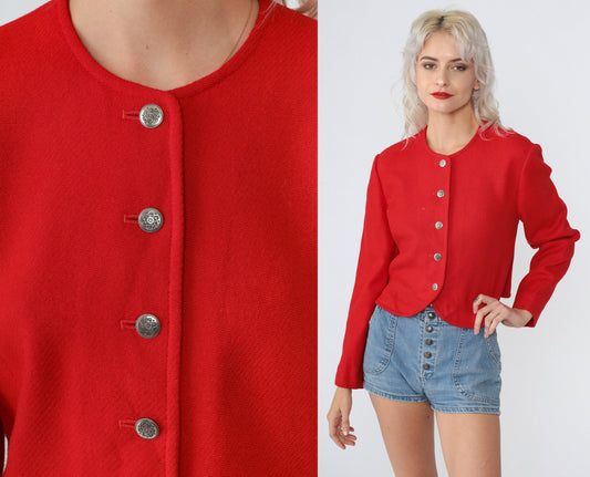80s Pendleton Virgin Wool Blazer Red Cropped Button-Up Medium