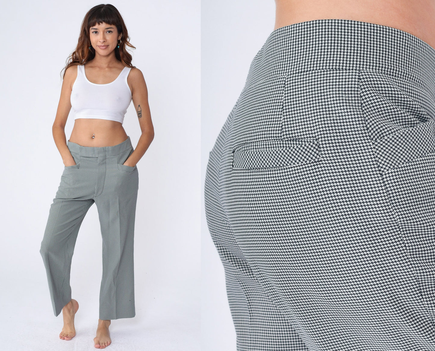 70s Black White Houndstooth Trousers High Waist Straight Leg Men's Medium 33