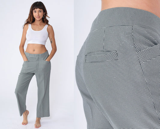 70s Black White Houndstooth Trousers High Waist Straight Leg Men's Medium 33