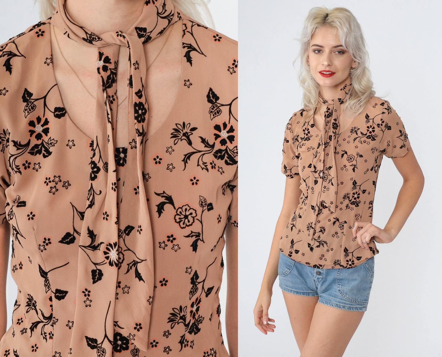 70s Floral Ascot Blouse Tan Short Sleeve Princess Seam Tie Neck Top Extra Small