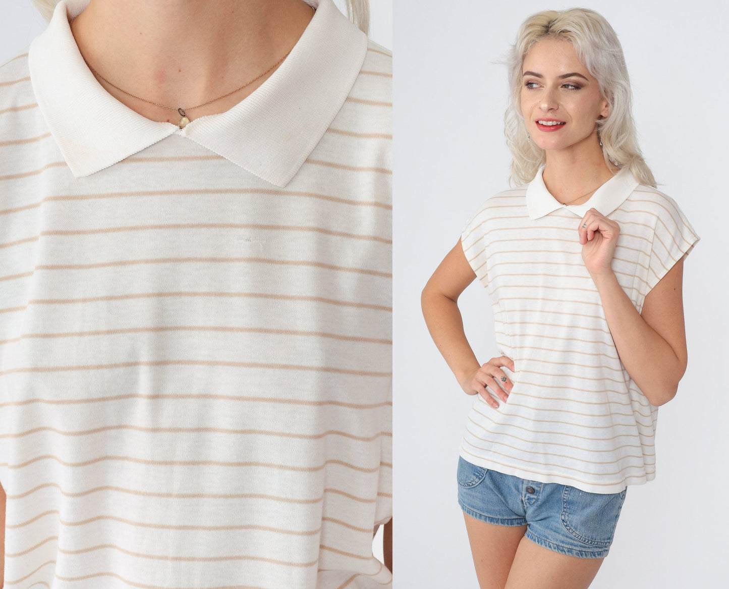 90s Striped Collared Blouse White Tan Cap Sleeve Preppy Top Medium