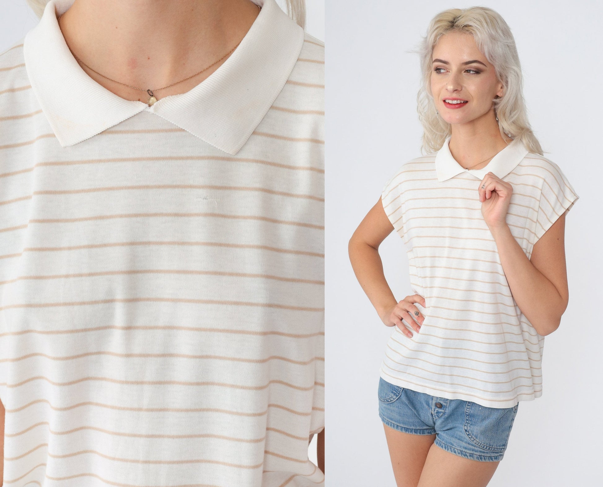 90s Striped Collared Blouse White Tan Cap Sleeve Preppy Top Medium