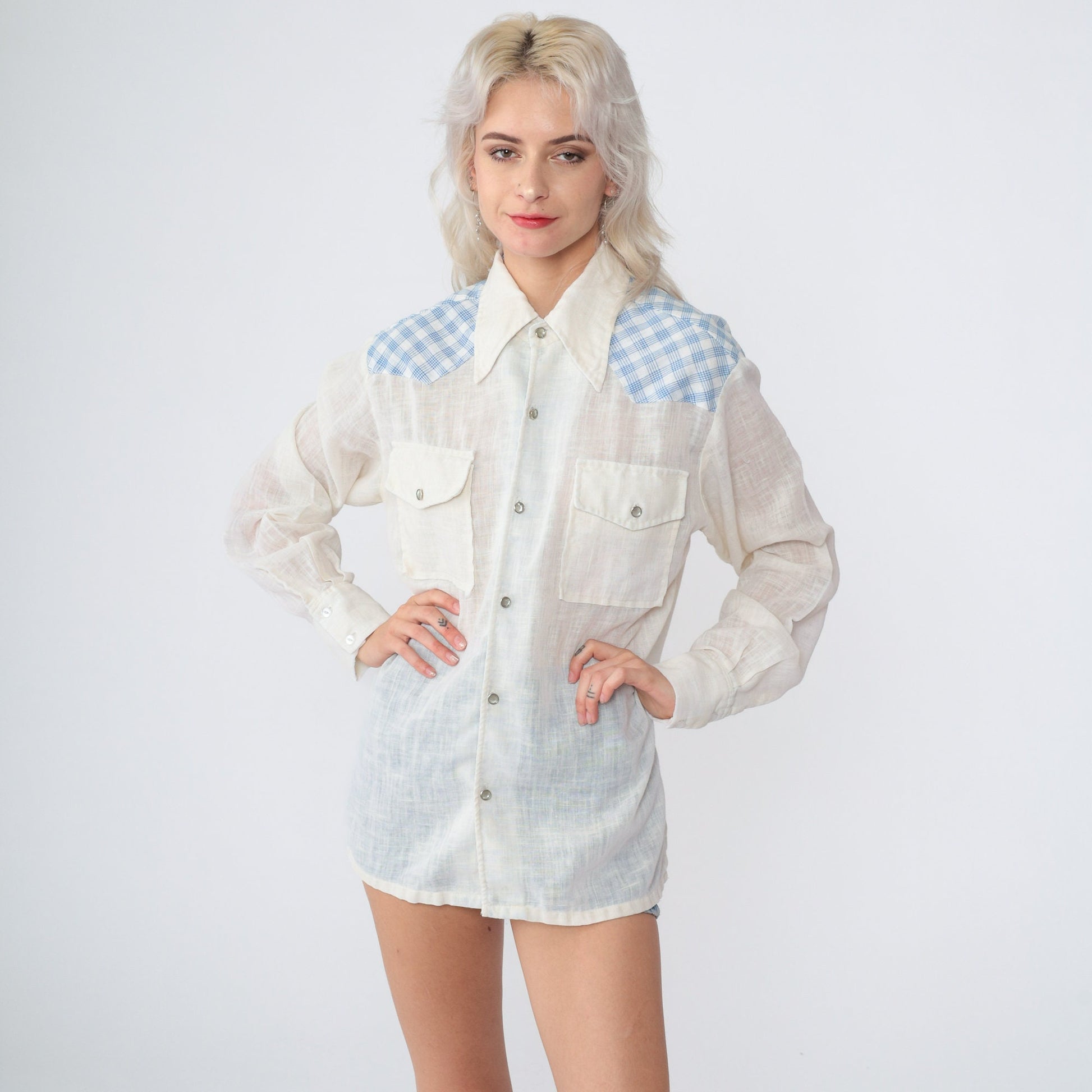 70s Western Pearl Snap Shirt Checkered Gauze Off-White Blue Plaid Medium