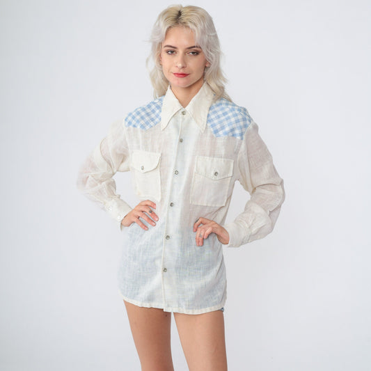 70s Western Pearl Snap Shirt Checkered Gauze Off-White Blue Plaid Medium