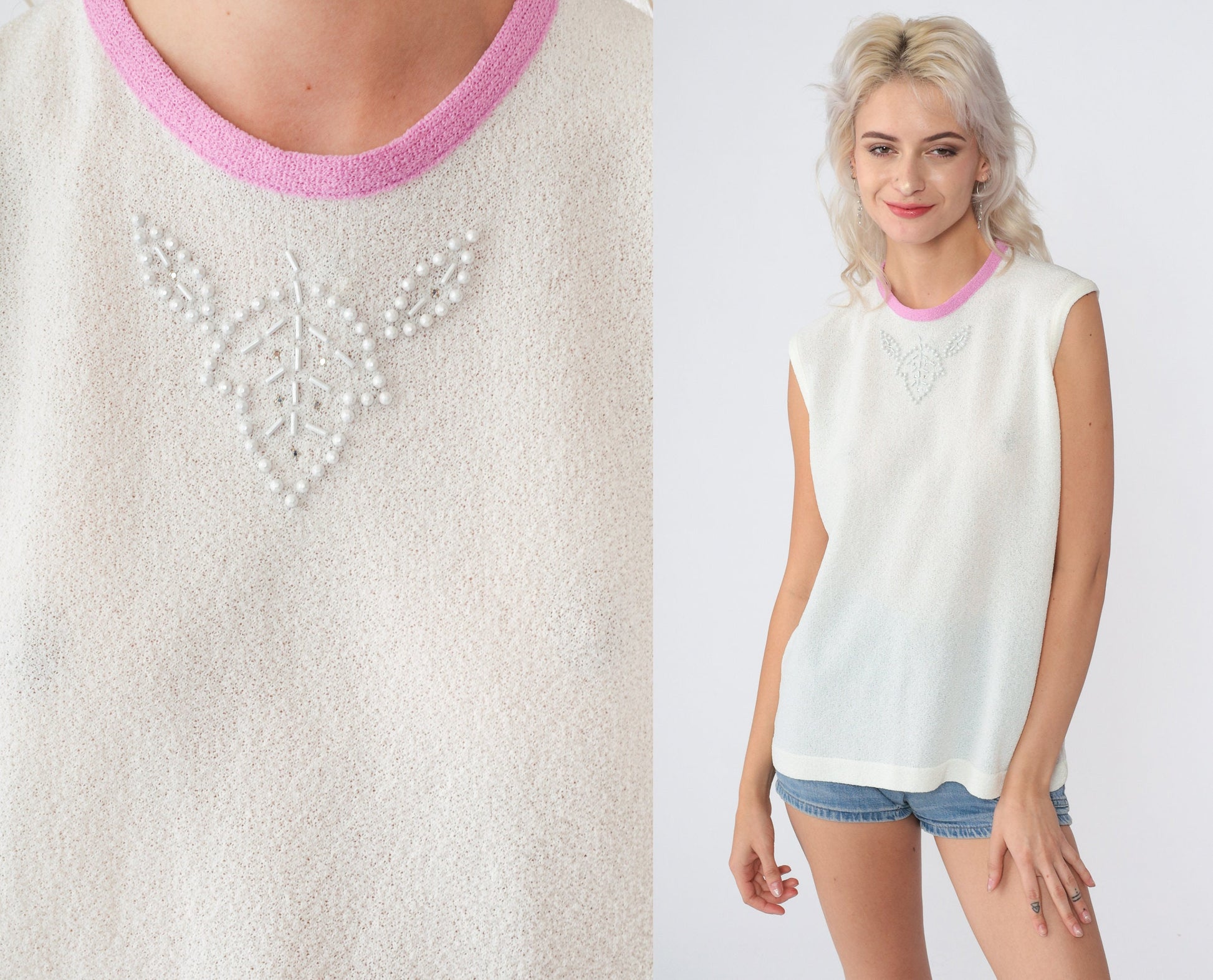 70s Pearl Rhinestone Beaded Tank Top White Knit Sleeveless Medium
