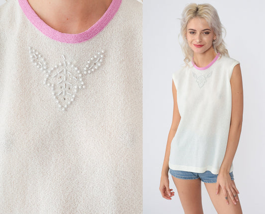 70s Pearl Rhinestone Beaded Tank Top White Knit Sleeveless Medium