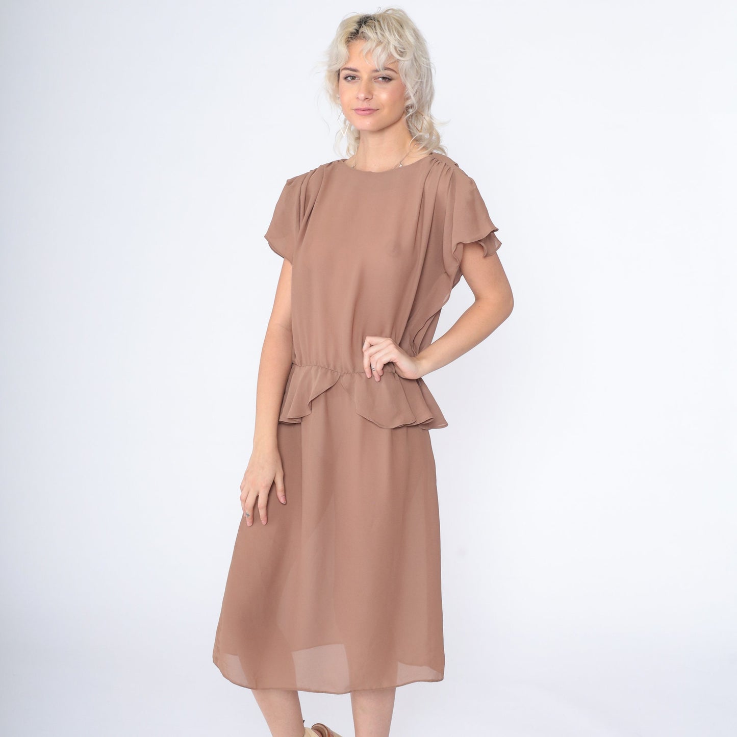 70s Cocoa Brown Midi Dress High Waist Peplum Puff Sleeve Keyhole Back Large L