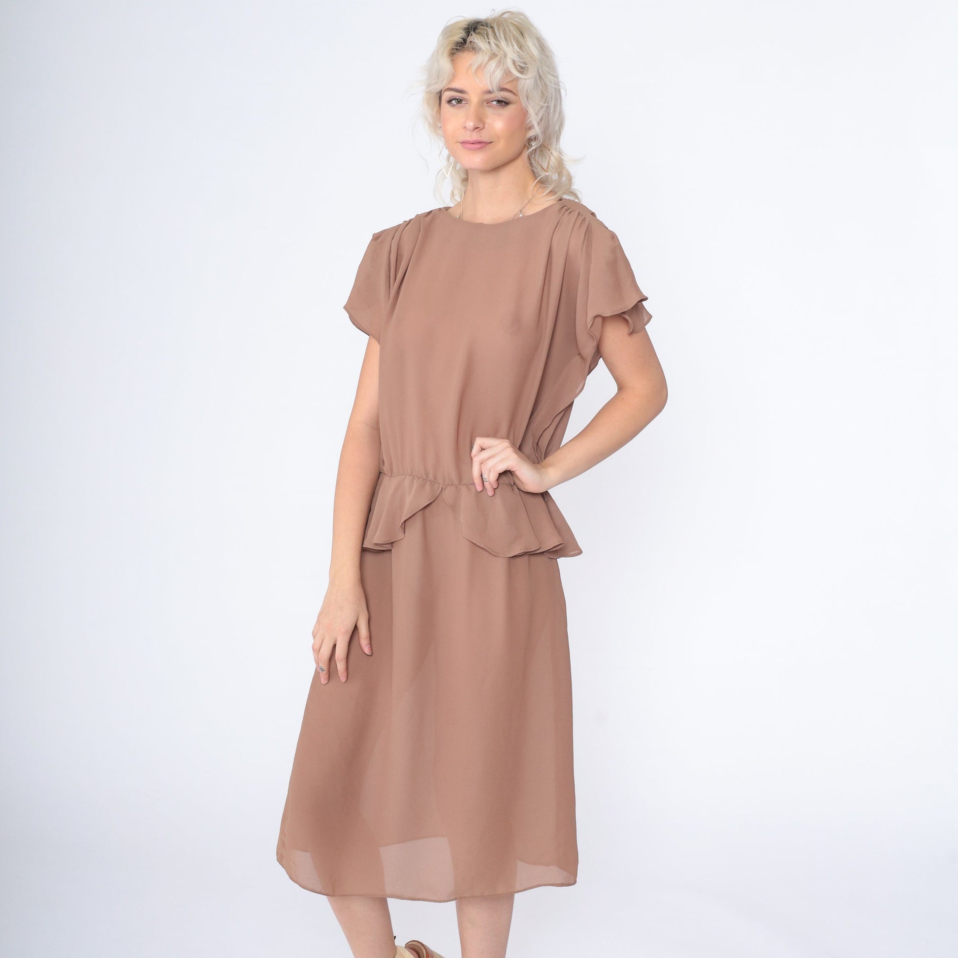 70s Cocoa Brown Midi Dress High Waist Peplum Puff Sleeve Keyhole Back Large L