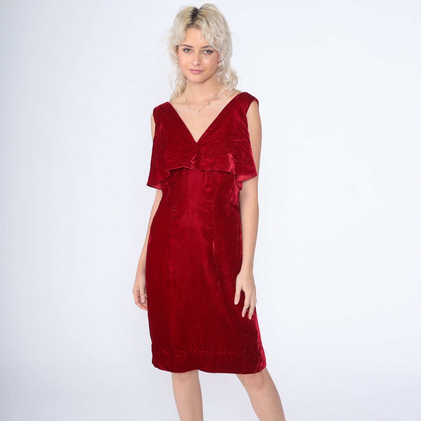 70s Red Velvet Mini Dress Sleeveless Pencil Cut Low Back Medium M