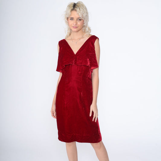 70s Red Velvet Mini Dress Sleeveless Pencil Cut Low Back Medium M