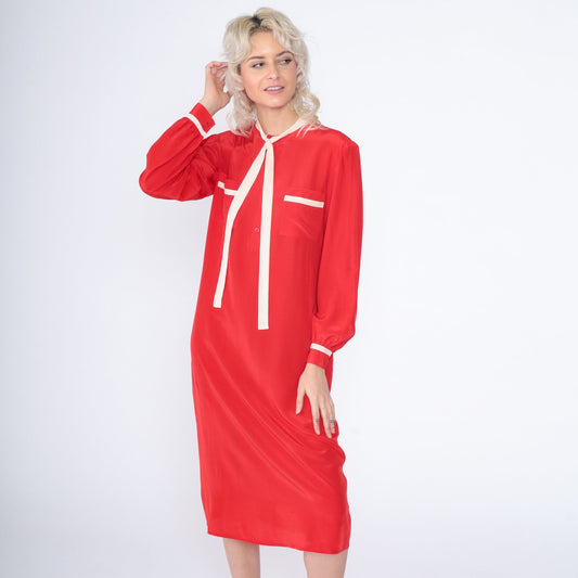 80s Saint Pierre Red Silk Midi Dress Necktie Long Sleeve White Trim Small