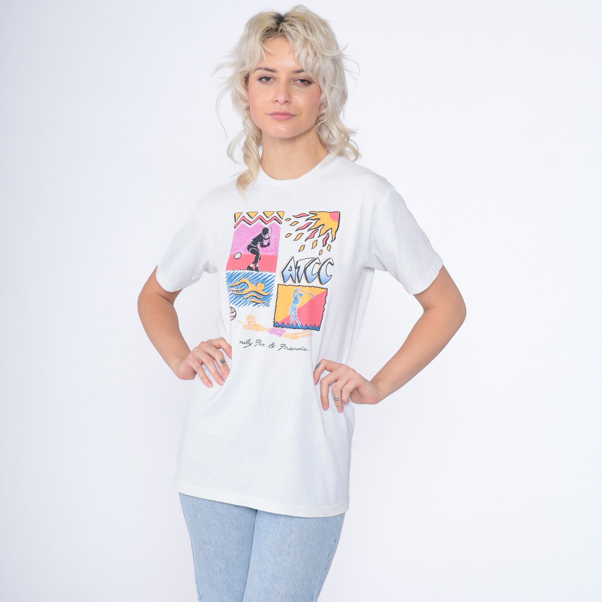 90s ATCC Graphic T-Shirt Family Fun Friends Charity Tee White Small