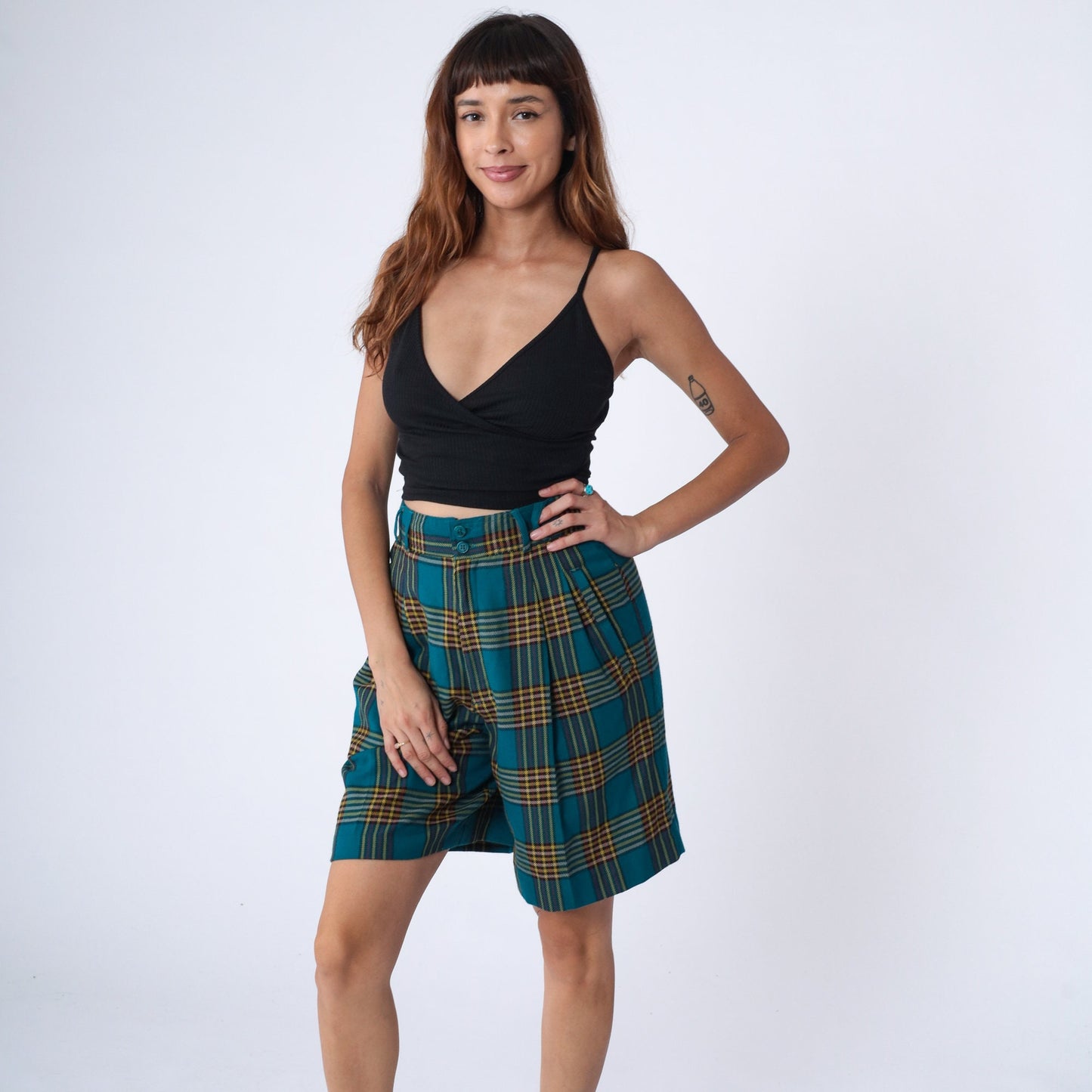90s Blue Plaid High Waist Pleated Shorts Knee Length Small